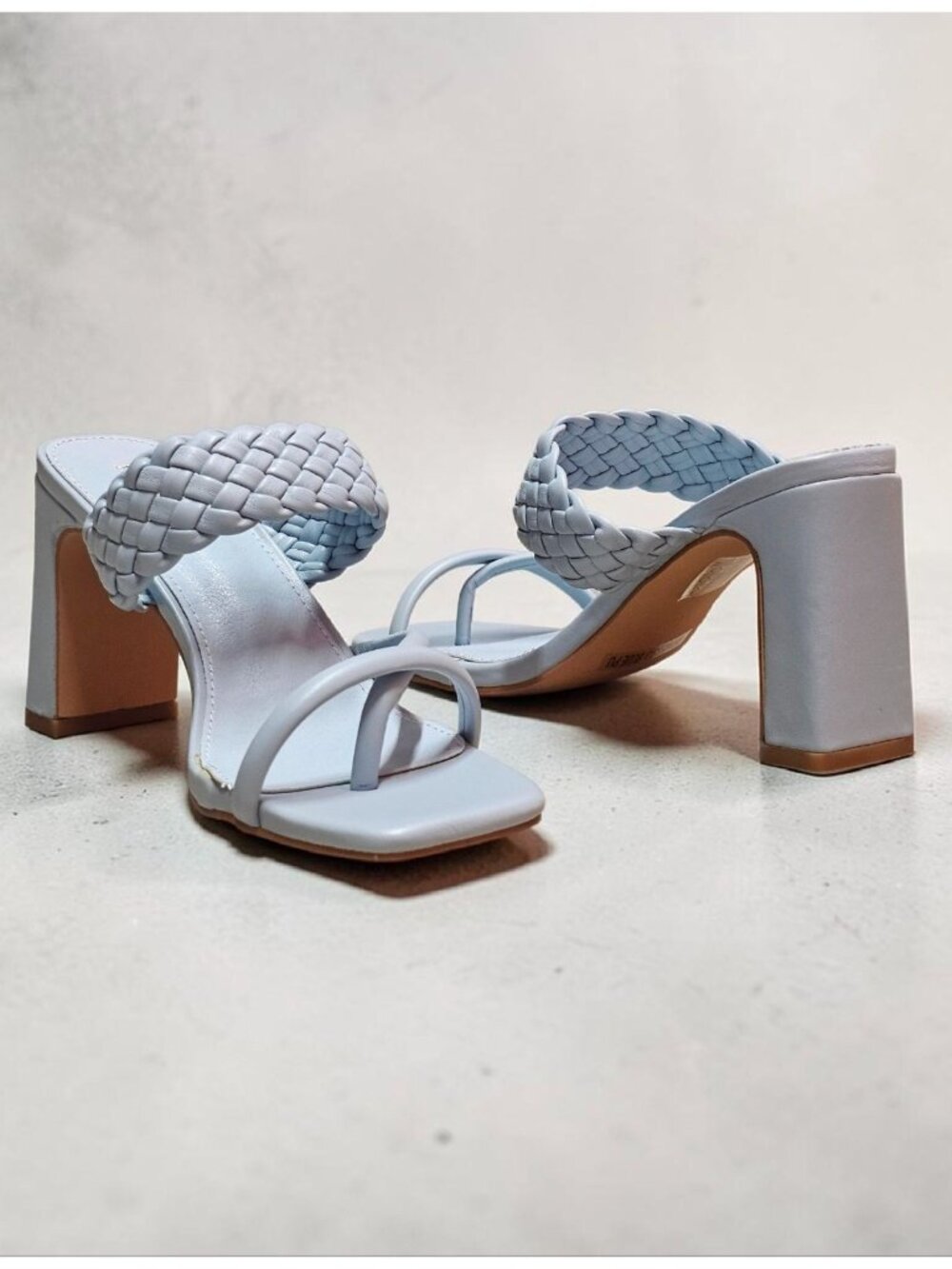 Braided Strap Block Heel Sandals In Light Blue With Square Toe Design